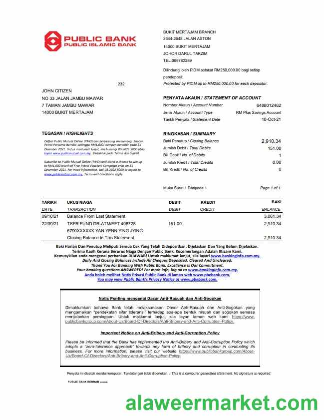 Malaysia Public Bank statement easy to fill template in Excel and PDF format